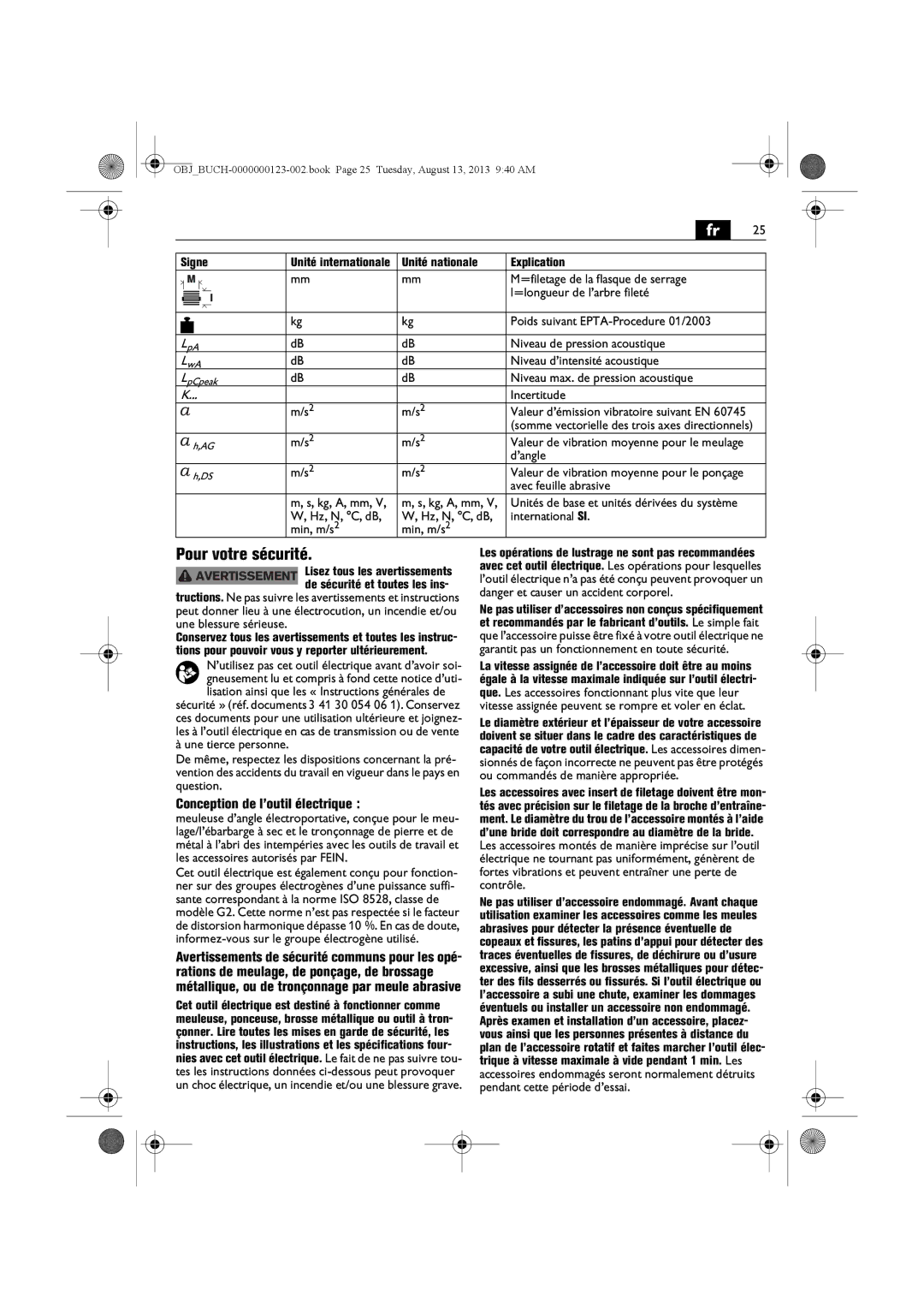 FEIN Power Tools WSG15-70LNOX/N09 manual Pour votre sécurité, Conception de l’outil électrique 