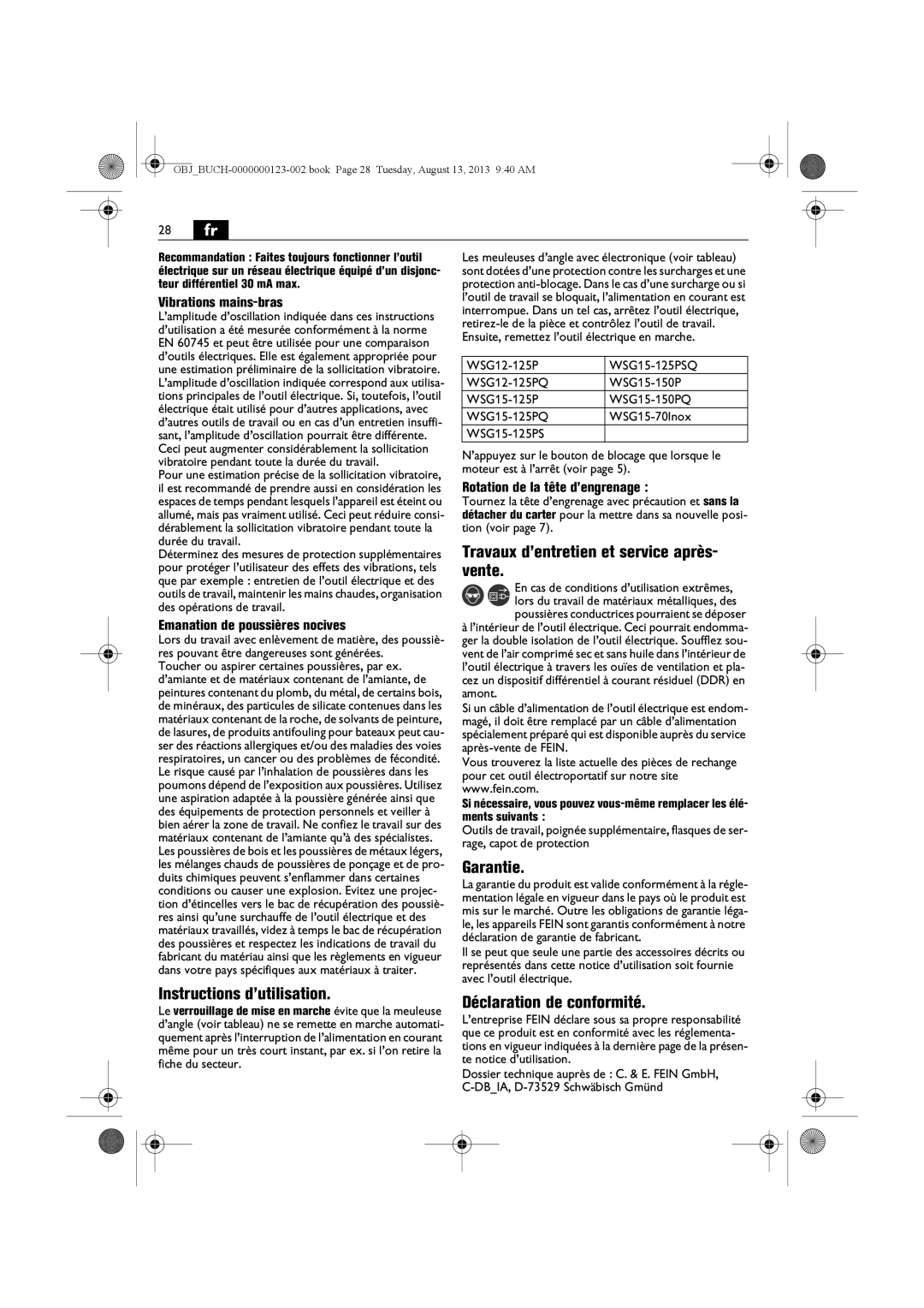 FEIN Power Tools WSG15-70LNOX/N09 manual Vente, Garantie, Instructions d’utilisation, Déclaration de conformité 