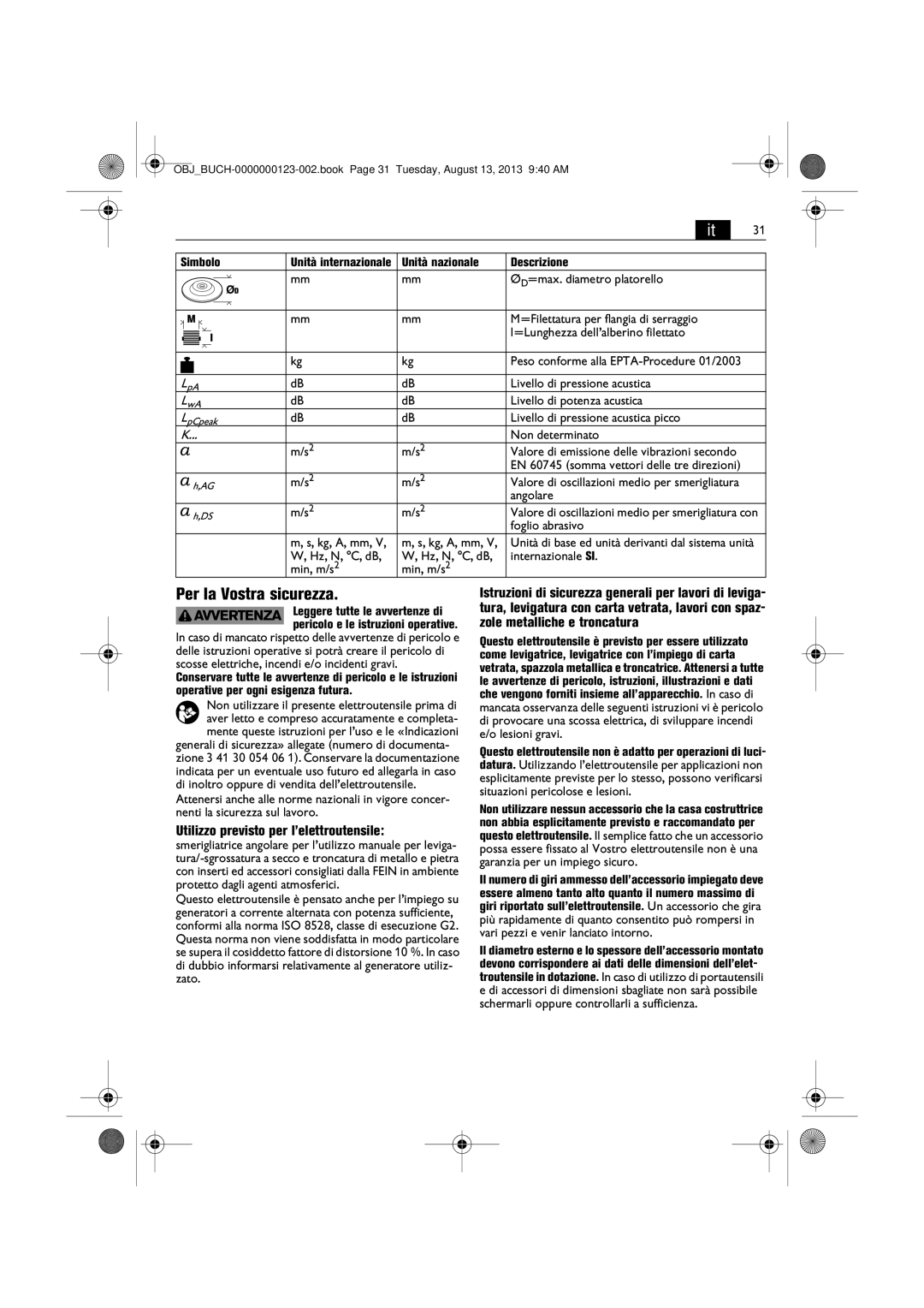 FEIN Power Tools WSG15-70LNOX/N09 manual Per la Vostra sicurezza, Utilizzo previsto per l’elettroutensile, Simbolo 