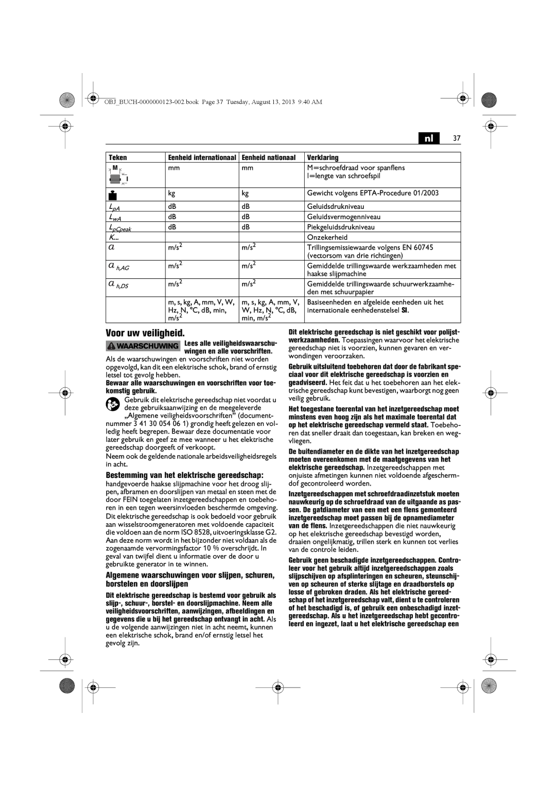 FEIN Power Tools WSG15-70LNOX/N09 manual Voor uw veiligheid, Teken, Bestemming van het elektrische gereedschap 