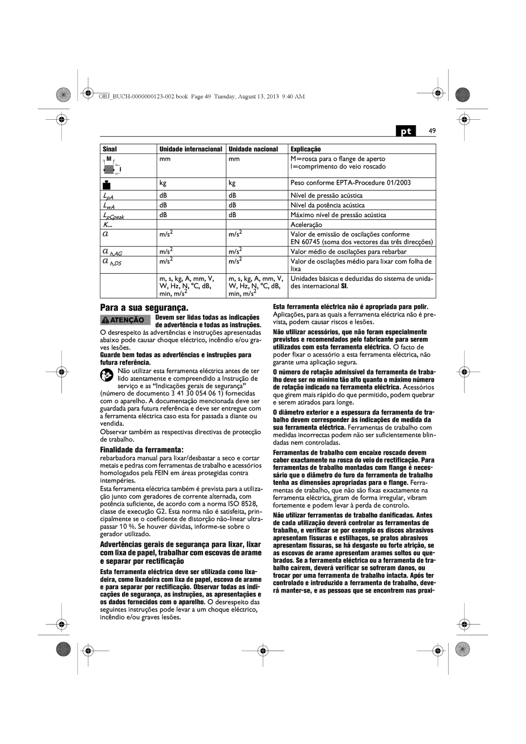 FEIN Power Tools WSG15-70LNOX/N09 manual Para a sua segurança, Finalidade da ferramenta 