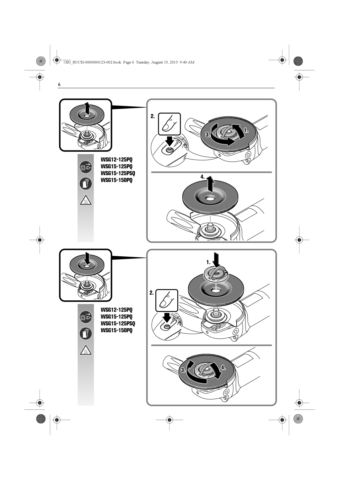 FEIN Power Tools WSG15-70LNOX/N09 manual WSG12-125PQ WSG15-125PQ WSG15-125PSQ WSG15-150PQ 