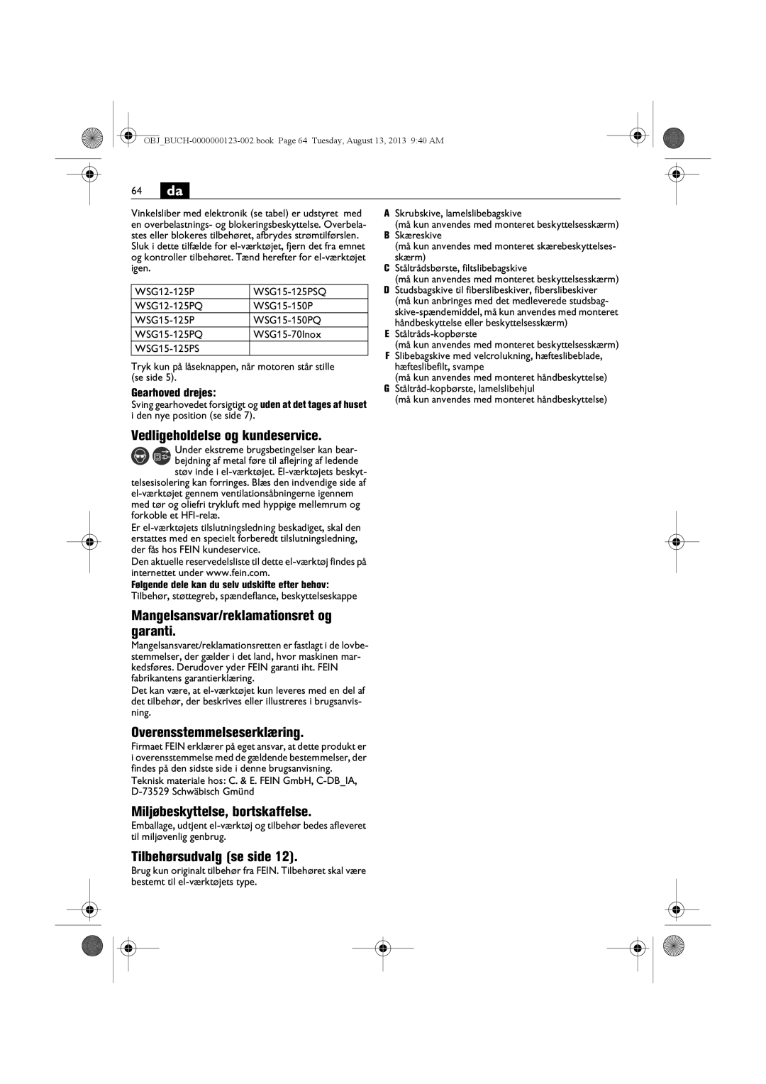 FEIN Power Tools WSG15-70LNOX/N09 Vedligeholdelse og kundeservice, Overensstemmelseserklæring, Tilbehørsudvalg se side 