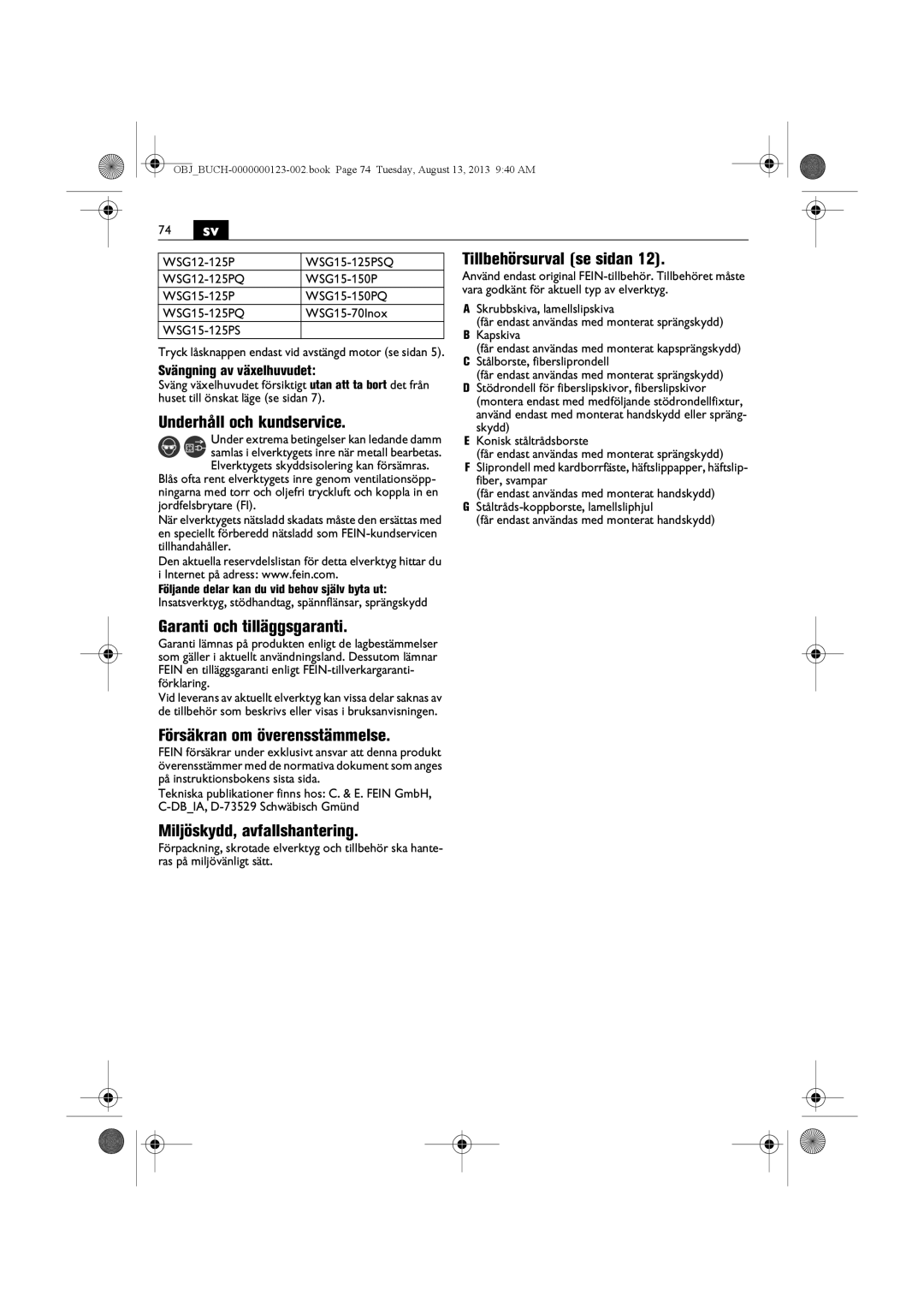 FEIN Power Tools WSG15-70LNOX/N09 manual Tillbehörsurval se sidan, Underhåll och kundservice, Garanti och tilläggsgaranti 