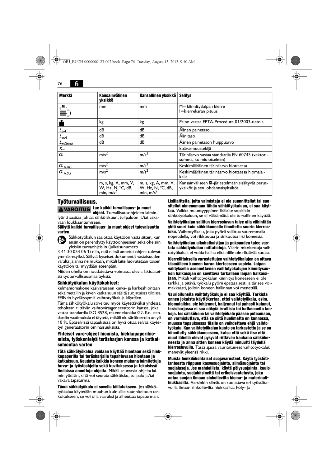 FEIN Power Tools WSG15-70LNOX/N09 76 fi, Työturvallisuus, Sähkötyökalun käyttökohteet, Merkki Kansainvälinen, Yksikkö 