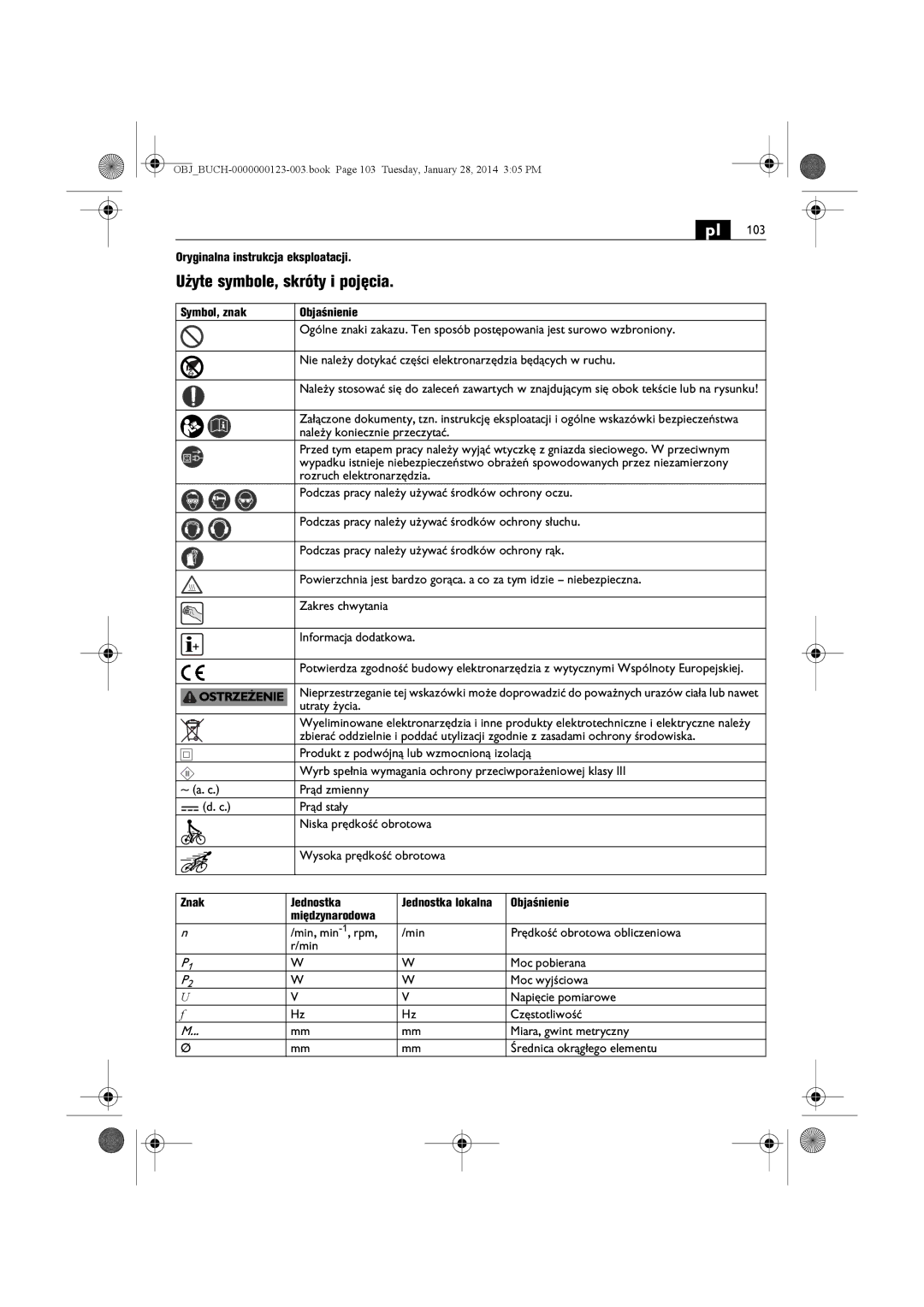 FEIN Power Tools WSG11-125/N09 manual Użyte symbole, skróty i pojęcia, Oryginalna instrukcja eksploatacji, Znak Jednostka 