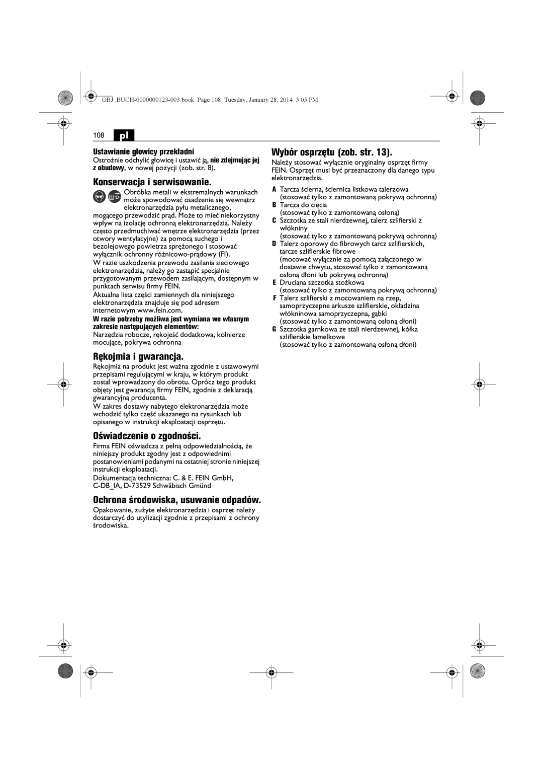 FEIN Power Tools WSG15-150P/N09, WSG8-125/N09, WSG15-125PS/N09, WSG8-115/N09, WSG15-125P/N09, WSG11-125/N09 manual 108 pl 