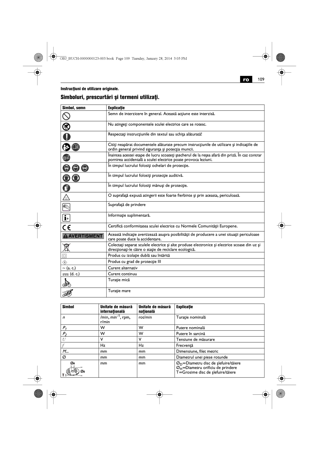 FEIN Power Tools WSG15-125P/N09 manual Simboluri, prescurtări şi termeni utilizaţi, Instrucţiuni de utilizare originale 