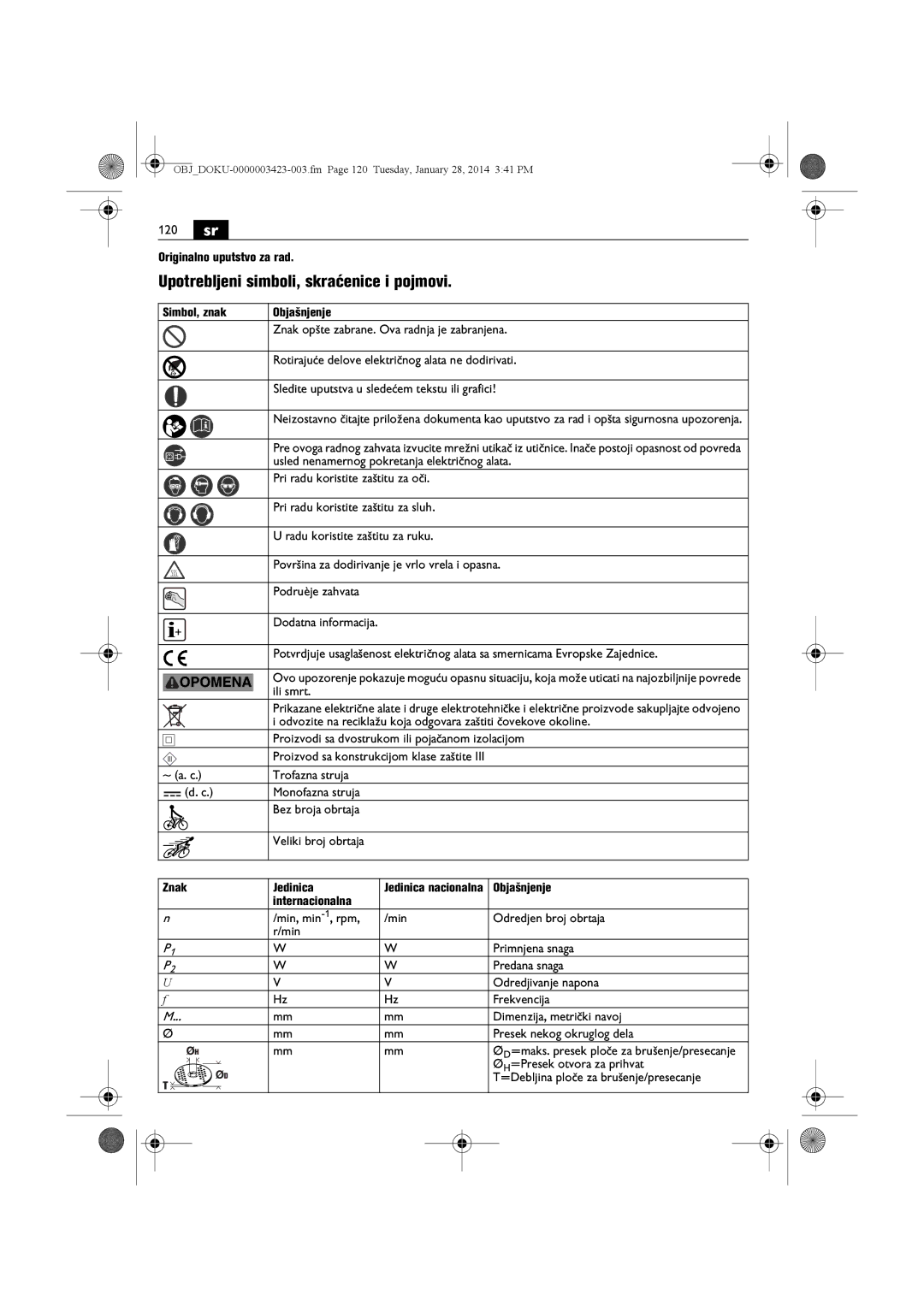 FEIN Power Tools WSG15-125PS/N09, WSG8-125/N09, WSG8-115/N09 manual 120 sr, Upotrebljeni simboli, skraćenice i pojmovi 