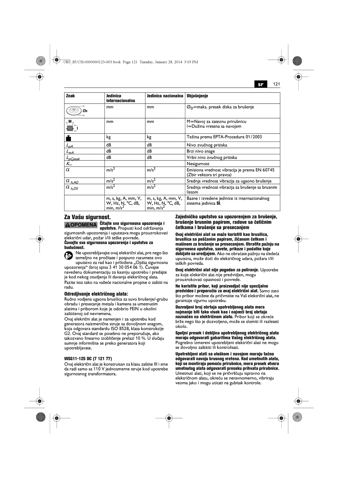 FEIN Power Tools WSG8-115/N09, WSG8-125/N09 Za Vašu sigurnost, Odredjivanje električnog alata, Objašnjenje Internacionalna 