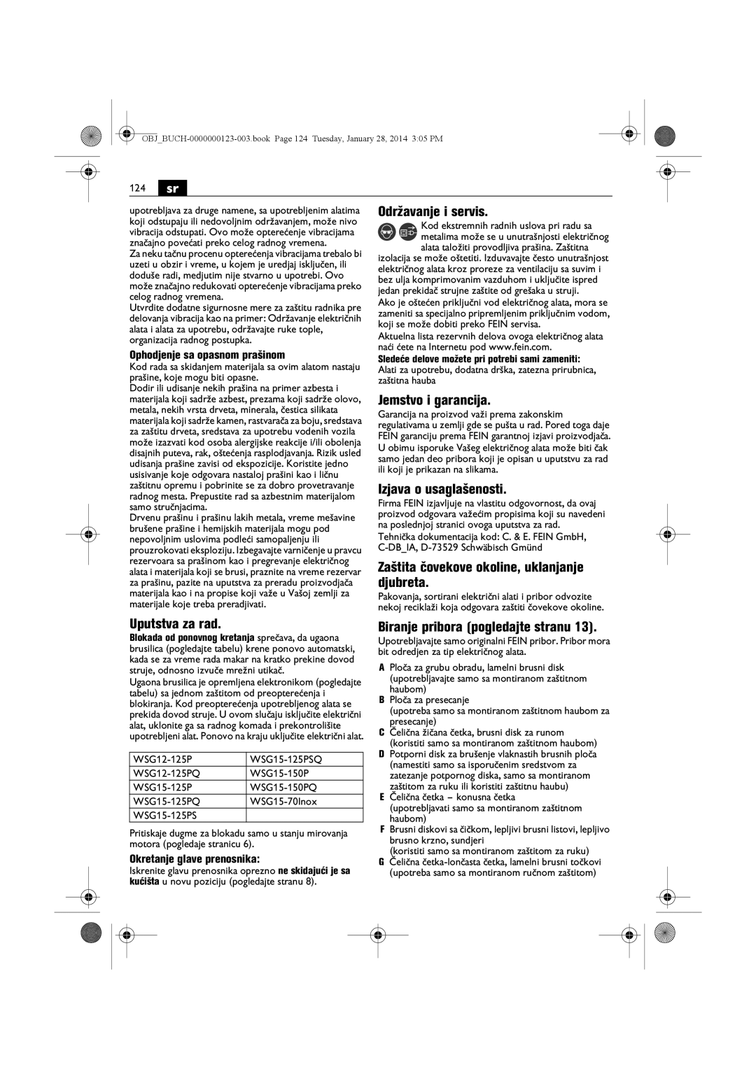 FEIN Power Tools WSG11-125/N09 Održavanje i servis, Jemstvo i garancija, Izjava o usaglašenosti, Djubreta, Uputstva za rad 