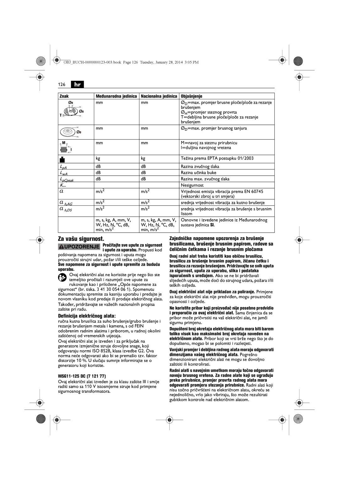 FEIN Power Tools WSG8-125/N09, WSG15-125PS/N09, WSG8-115/N09, WSG15-150P/N09 manual 126 hr, Definicija električnog alata 