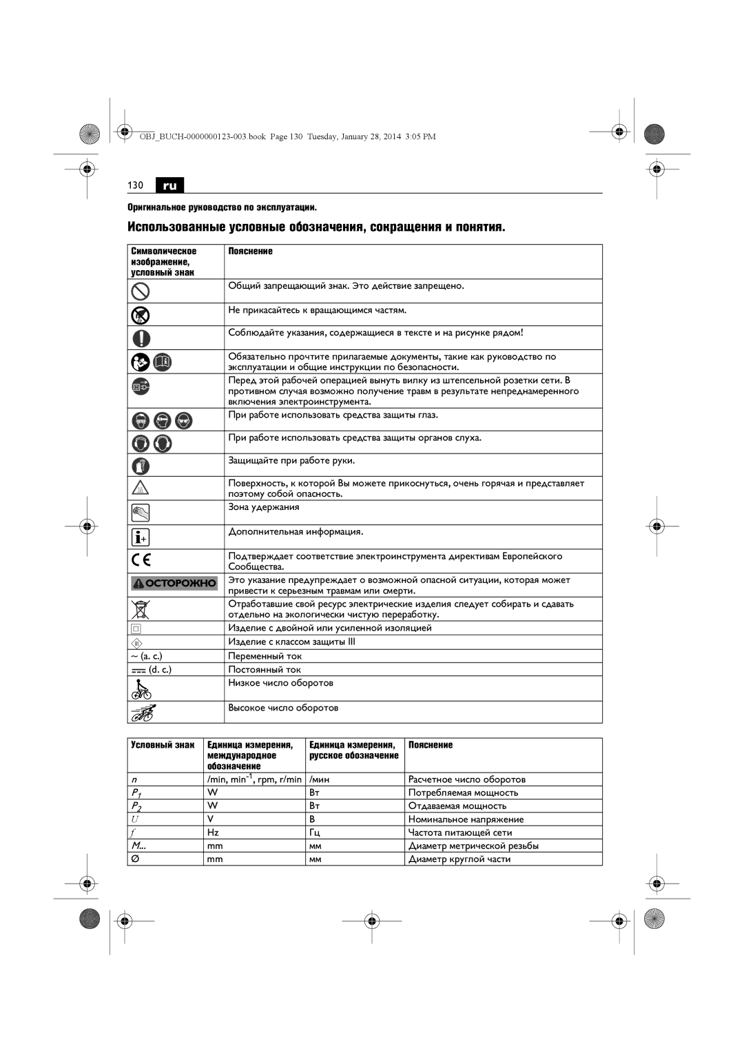 FEIN Power Tools WSG15-125P/N09, WSG8-125/N09 manual 130 ru, Использованные условные обозначения, сокращения и понятия 