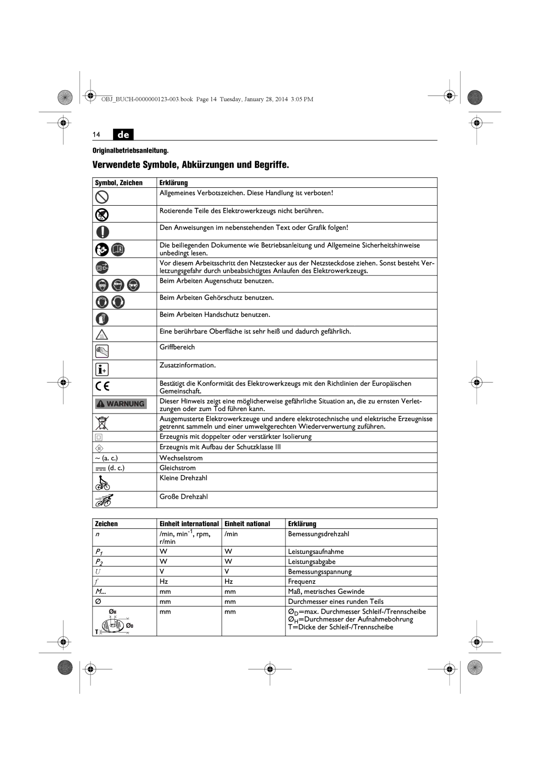 FEIN Power Tools WSG8-125/N09, WSG8-115/N09 14 de, Verwendete Symbole, Abkürzungen und Begriffe, Originalbetriebsanleitung 