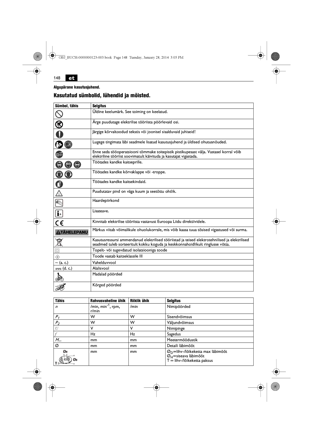 FEIN Power Tools WSG15-125PS/N09, WSG8-125/N09, WSG8-115/N09, WSG15-150P/N09 148 et, Kasutatud sümbolid, lühendid ja mõisted 