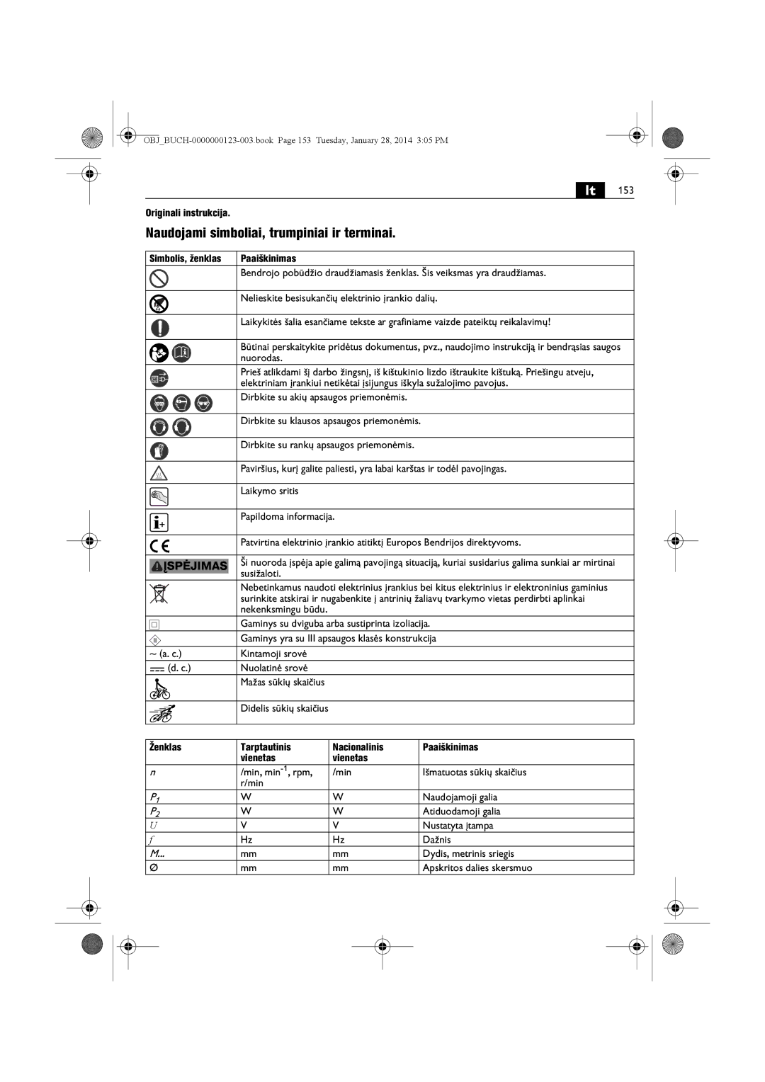 FEIN Power Tools WSG12-125P/N09, WSG8-125/N09, WSG15-125PS/N09, WSG8-115/N09 manual 153, Paaiškinimas, Nuorodas, Susižaloti 