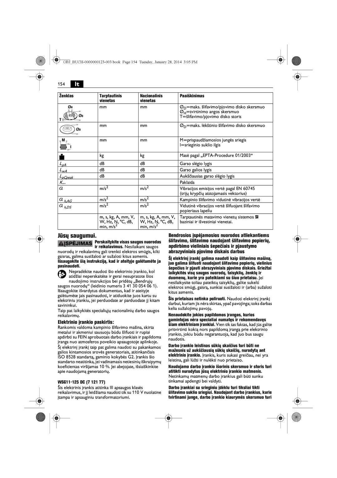 FEIN Power Tools WSG8-125/N09, WSG15-125PS/N09, WSG8-115/N09 manual 154 lt, Jūsų saugumui, Elektrinio įrankio paskirtis 