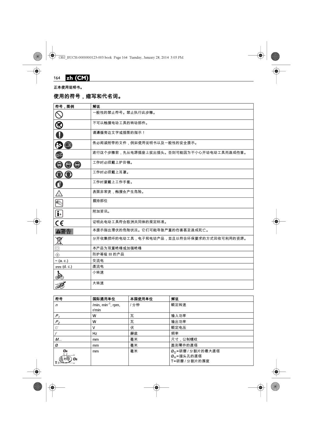 FEIN Power Tools WSG15-150P/N09, WSG8-125/N09, WSG8-115/N09 使用的符号，缩写和代名词。, 正本使用说明书。, 符号，图例 一般性的禁止符号。禁止执行此步骤。, 国际通用单位 本国使用单位 