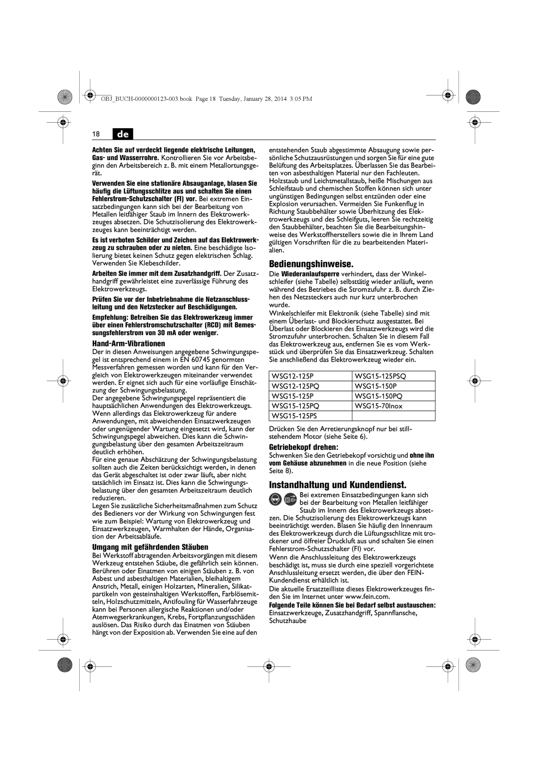 FEIN Power Tools WSG15-125P/N09, WSG8-125/N09 Bedienungshinweise, Instandhaltung und Kundendienst, Hand-Arm-Vibrationen 