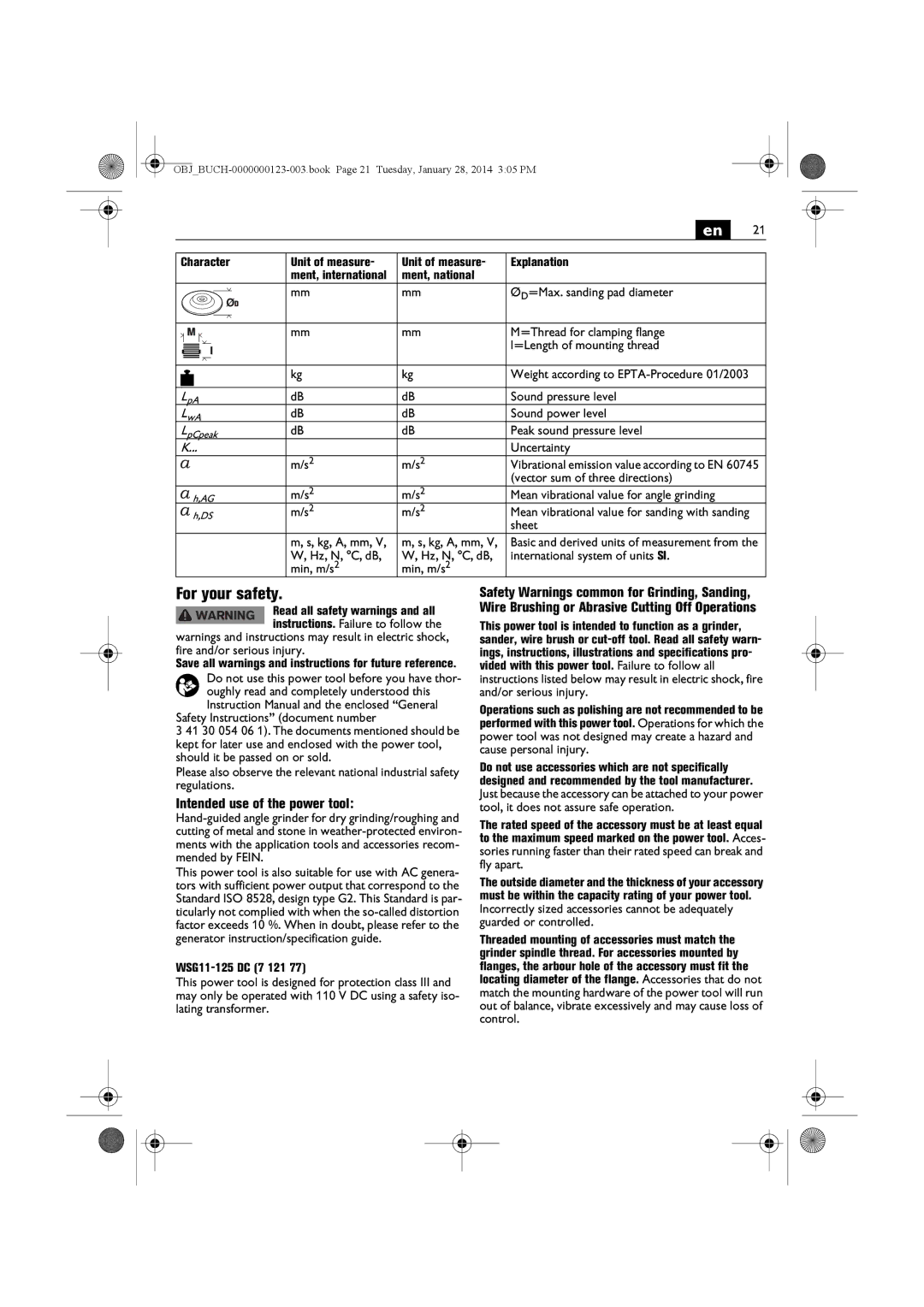 FEIN Power Tools WSG8-125/N09, WSG15-125PS/N09, WSG8-115/N09 For your safety, Intended use of the power tool, Character 