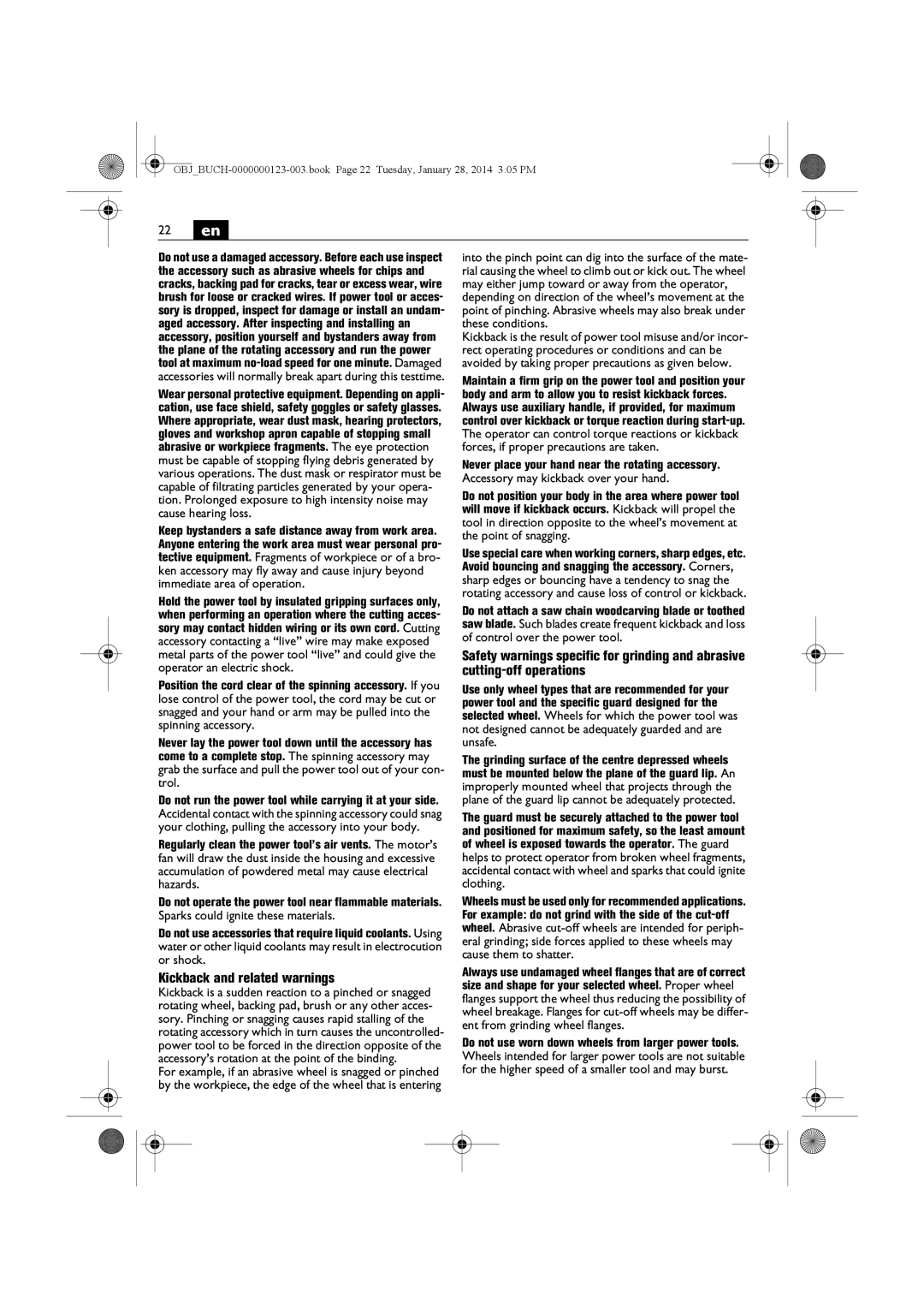 FEIN Power Tools WSG15-125PS/N09, WSG8-125/N09, WSG8-115/N09 manual Cutting-off operations, Kickback and related warnings 