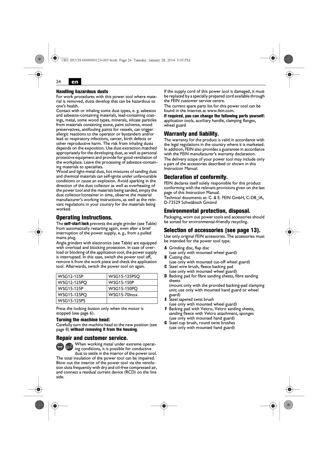 FEIN Power Tools WSG15-150P/N09, WSG8-125/N09 Warranty and liability, Declaration of conformity, Operating Instructions 