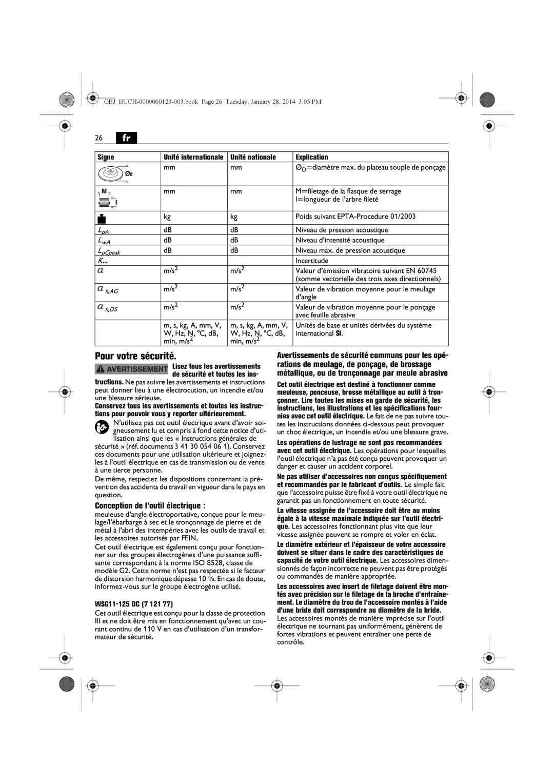 FEIN Power Tools WSG11-125/N09, WSG8-125/N09, WSG15-125PS/N09 26 fr, Pour votre sécurité, Conception de l’outil électrique 