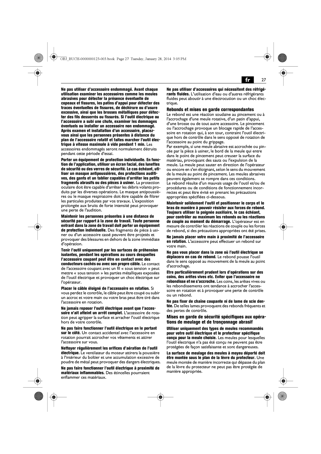 FEIN Power Tools WSG12-125P/N09, WSG8-125/N09, WSG15-125PS/N09, WSG8-115/N09 manual Rebonds et mises en garde correspondantes 