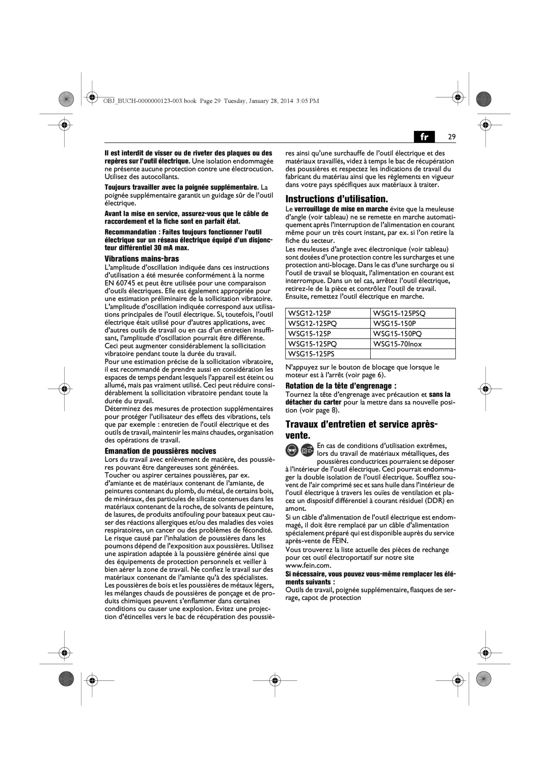 FEIN Power Tools WSG15-125PS/N09, WSG8-125/N09 Instructions d’utilisation, Travaux d’entretien et service après- vente 