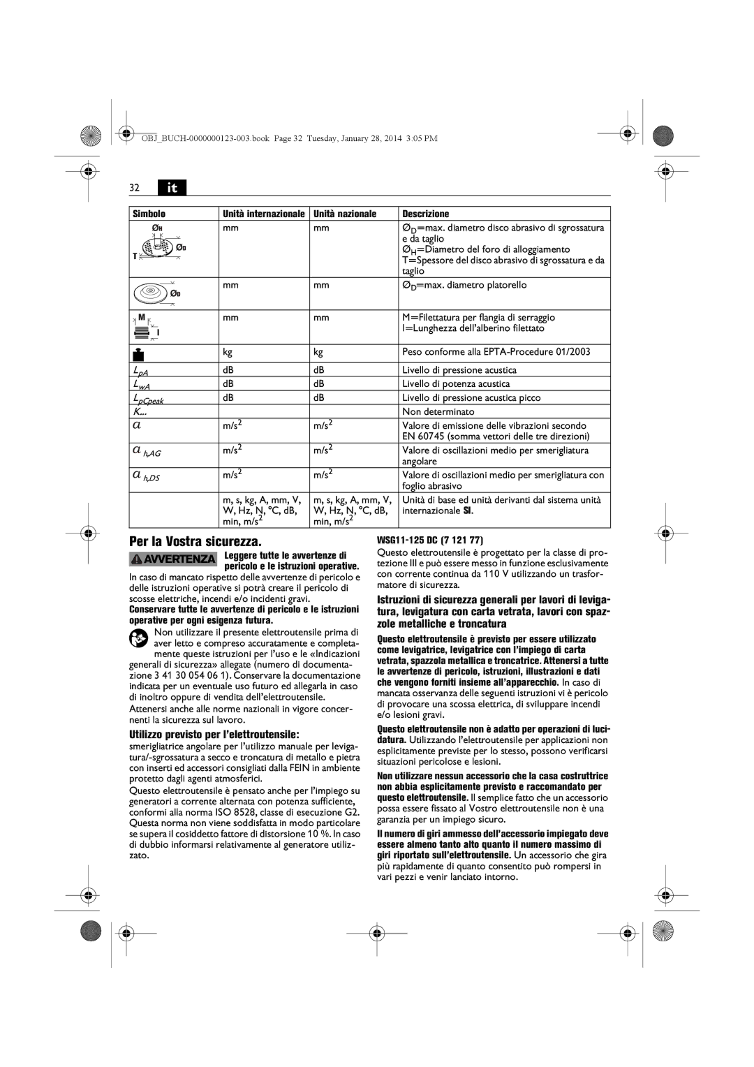 FEIN Power Tools WSG15-125P/N09 manual 32 it, Per la Vostra sicurezza, Utilizzo previsto per l’elettroutensile, Simbolo 