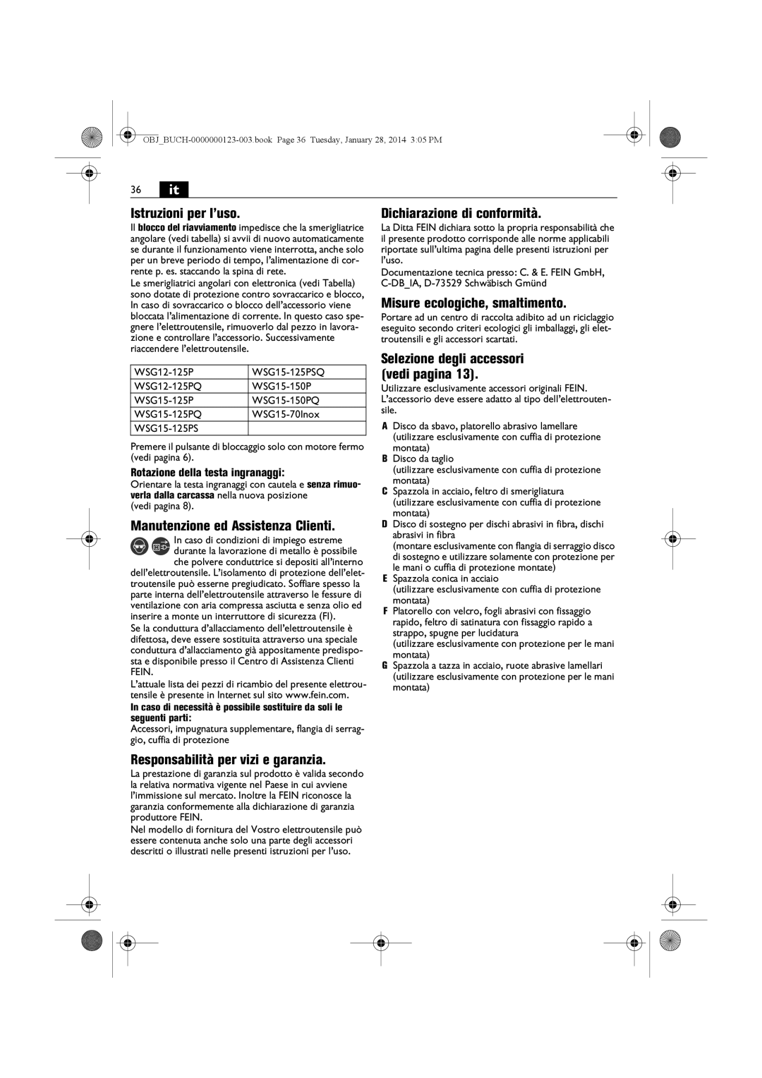 FEIN Power Tools WSG15-125PS/N09, WSG8-125/N09, WSG8-115/N09, WSG15-150P/N09, WSG15-125P/N09, WSG11-125/N09 manual 36 it 