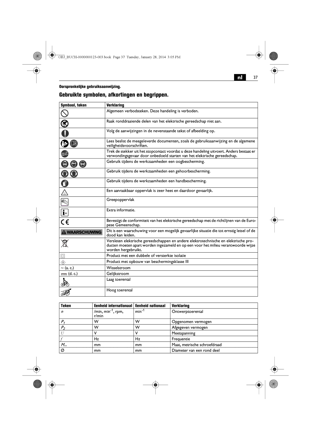 FEIN Power Tools WSG8-115/N09 manual Gebruikte symbolen, afkortingen en begrippen, Oorspronkelijke gebruiksaanwijzing 