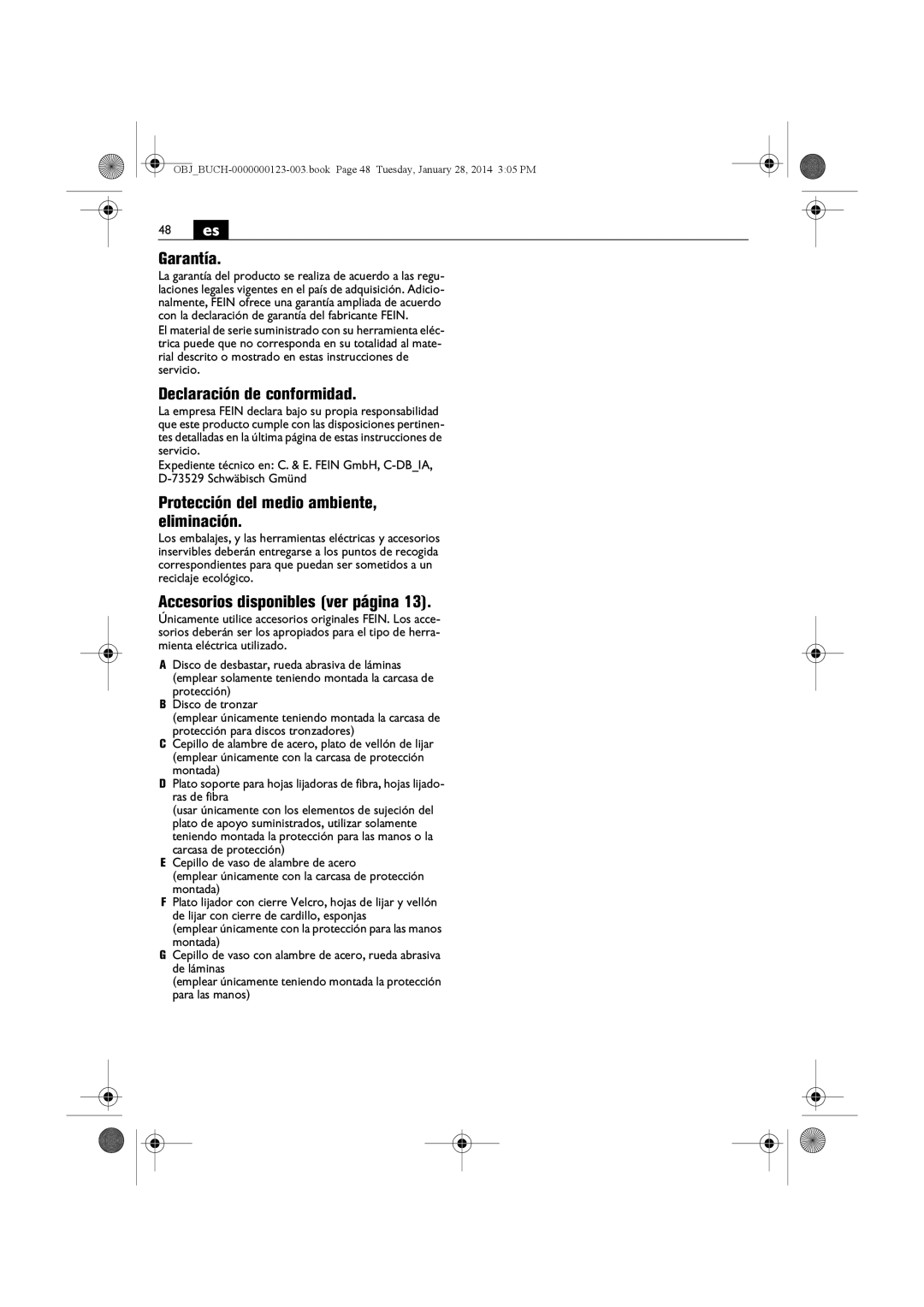 FEIN Power Tools WSG12-125P/N09 48 es, Garantía, Declaración de conformidad, Protección del medio ambiente, eliminación 