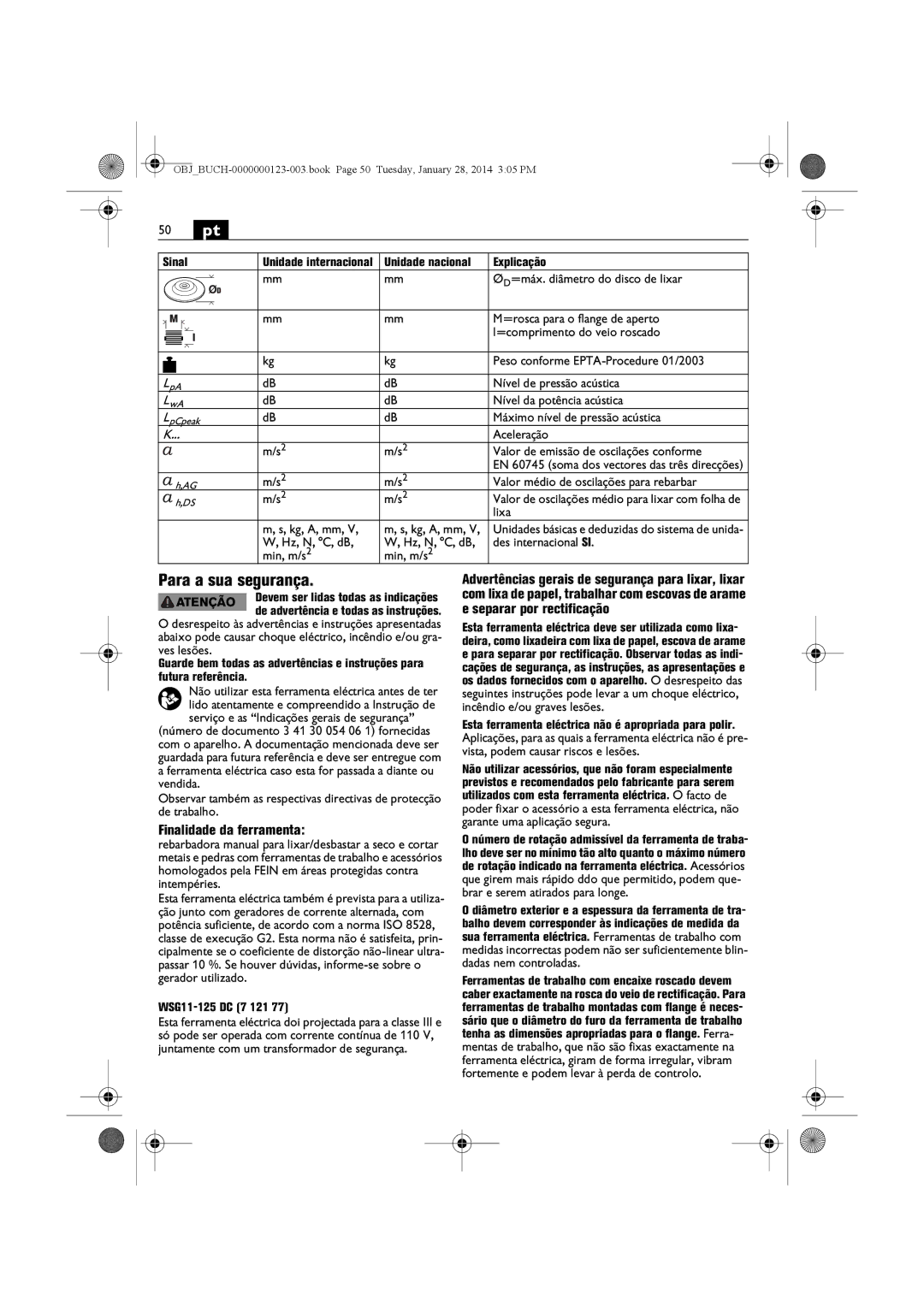 FEIN Power Tools WSG15-125PS/N09, WSG8-125/N09, WSG8-115/N09 manual 50 pt, Para a sua segurança, Finalidade da ferramenta 