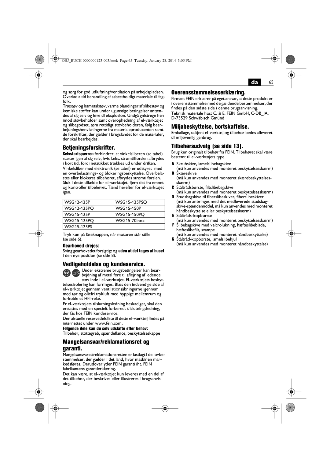 FEIN Power Tools WSG8-115/N09 manual Overensstemmelseserklæring, Miljøbeskyttelse, bortskaffelse, Betjeningsforskrifter 