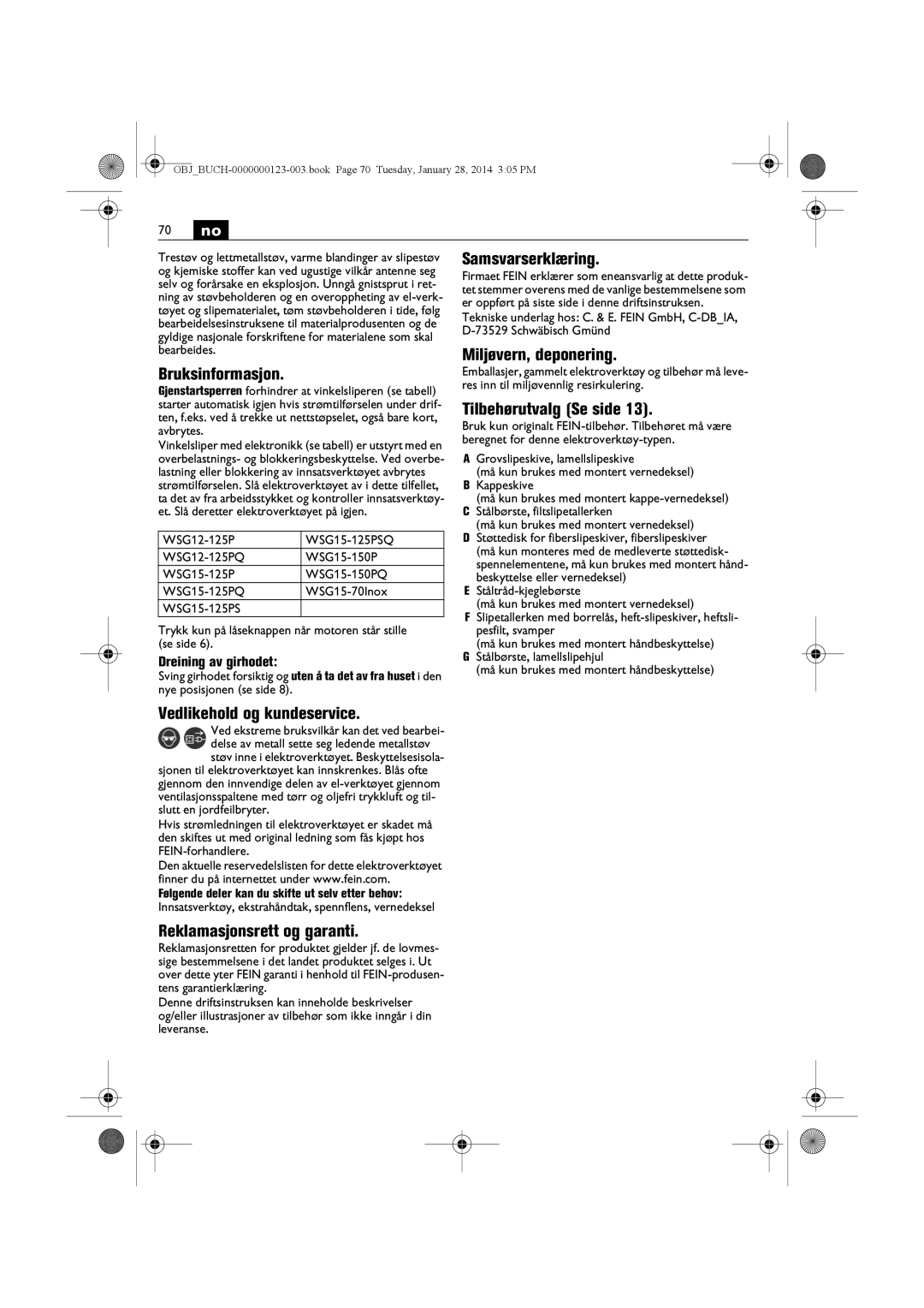 FEIN Power Tools WSG8-125/N09, WSG15-125PS/N09 manual Samsvarserklæring, Miljøvern, deponering, Tilbehørutvalg Se side 