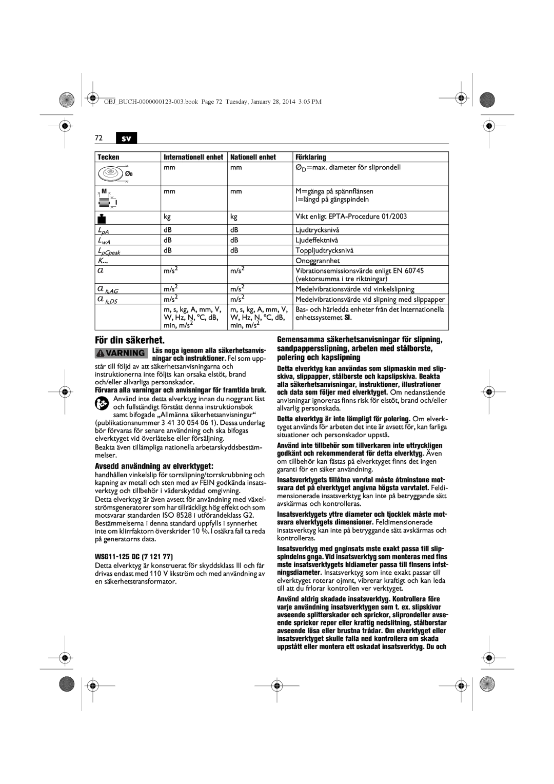 FEIN Power Tools WSG8-115/N09, WSG8-125/N09 manual 72 sv, För din säkerhet, Avsedd användning av elverktyget, Tecken 