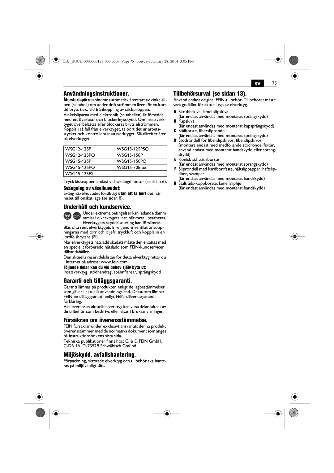 FEIN Power Tools WSG11-125/N09 manual Användningsinstruktioner, Underhåll och kundservice, Garanti och tilläggsgaranti 