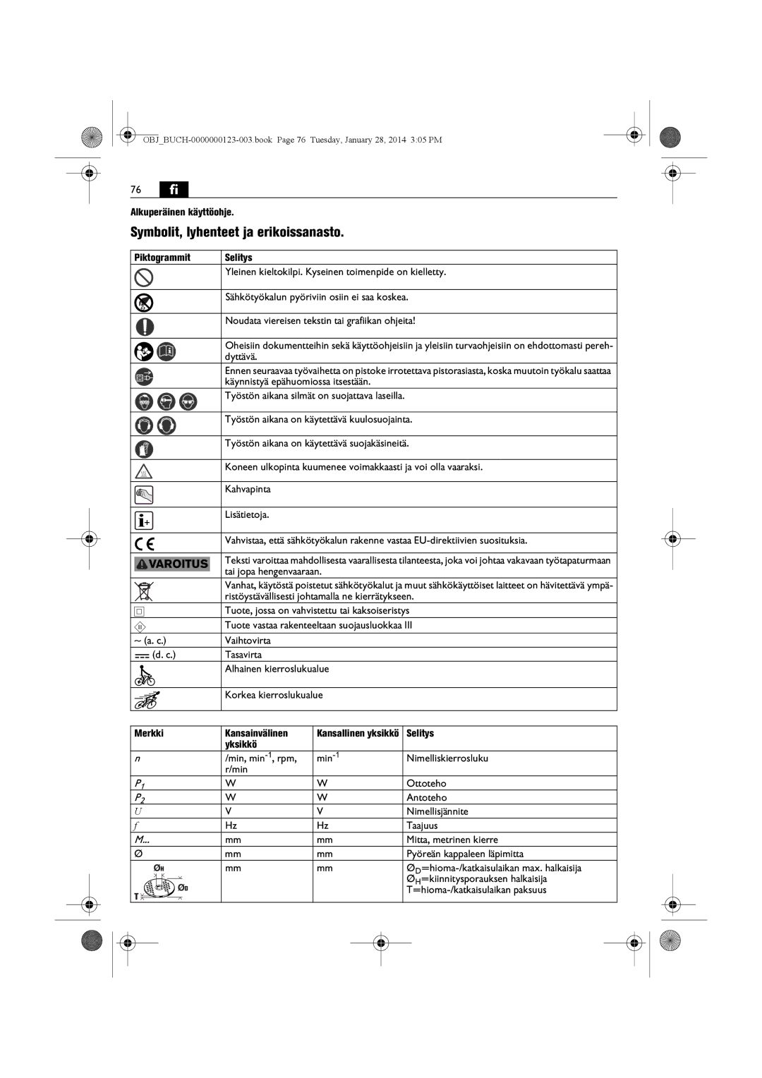 FEIN Power Tools WSG12-125P/N09, WSG8-125/N09 manual 76 fi, Symbolit, lyhenteet ja erikoissanasto, Alkuperäinen käyttöohje 