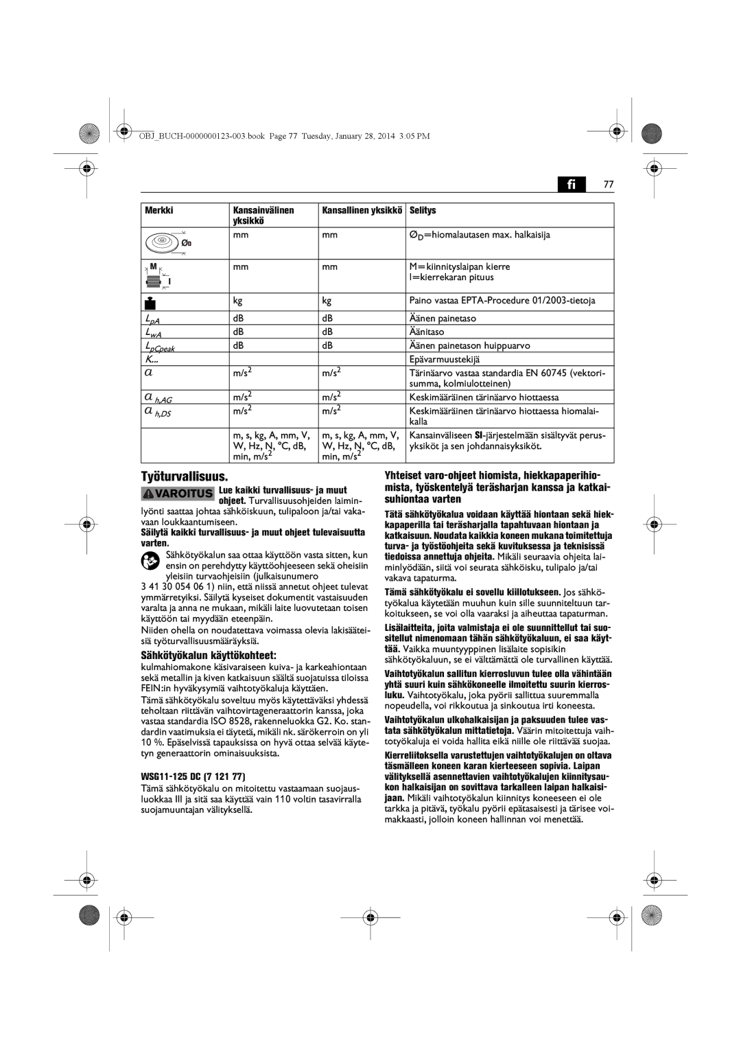 FEIN Power Tools WSG8-125/N09 manual Työturvallisuus, Sähkötyökalun käyttökohteet, Merkki Kansainvälinen, Selitys Yksikkö 