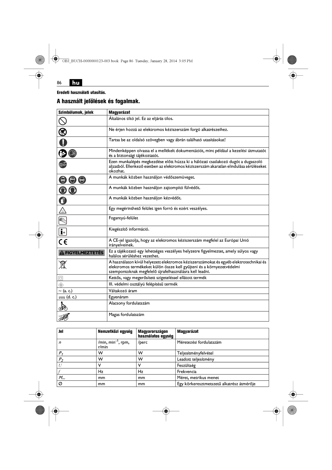 FEIN Power Tools WSG8-115/N09, WSG8-125/N09 manual 86 hu, Használt jelölések és fogalmak, Eredeti használati utasítás, Jel 