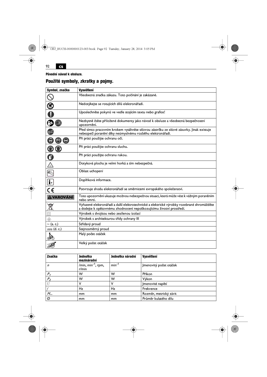 FEIN Power Tools WSG15-125PS/N09, WSG8-125/N09 manual 92 cs, Použité symboly, zkratky a pojmy, Původní návod k obsluze 