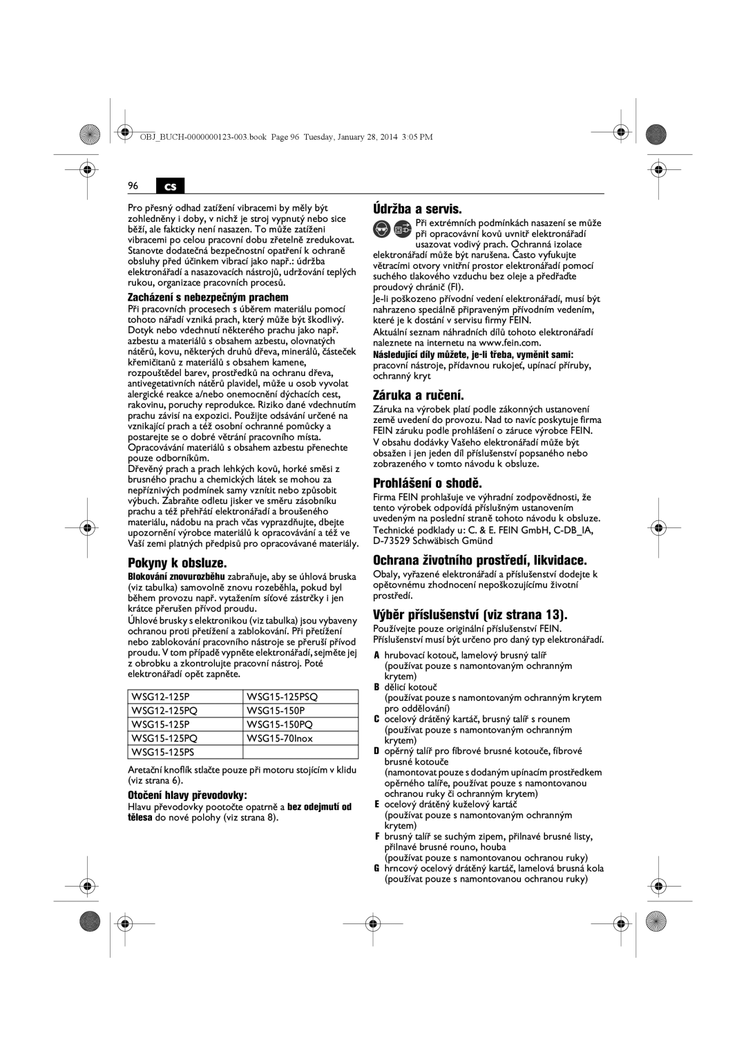 FEIN Power Tools WSG11-125/N09, WSG8-125/N09, WSG15-125PS/N09, WSG8-115/N09, WSG15-150P/N09, WSG15-125P/N09 manual 96 cs 