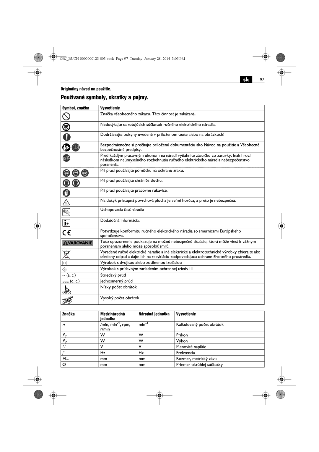 FEIN Power Tools WSG12-125P/N09, WSG8-125/N09 manual Používané symboly, skratky a pojmy, Originálny návod na použitie 