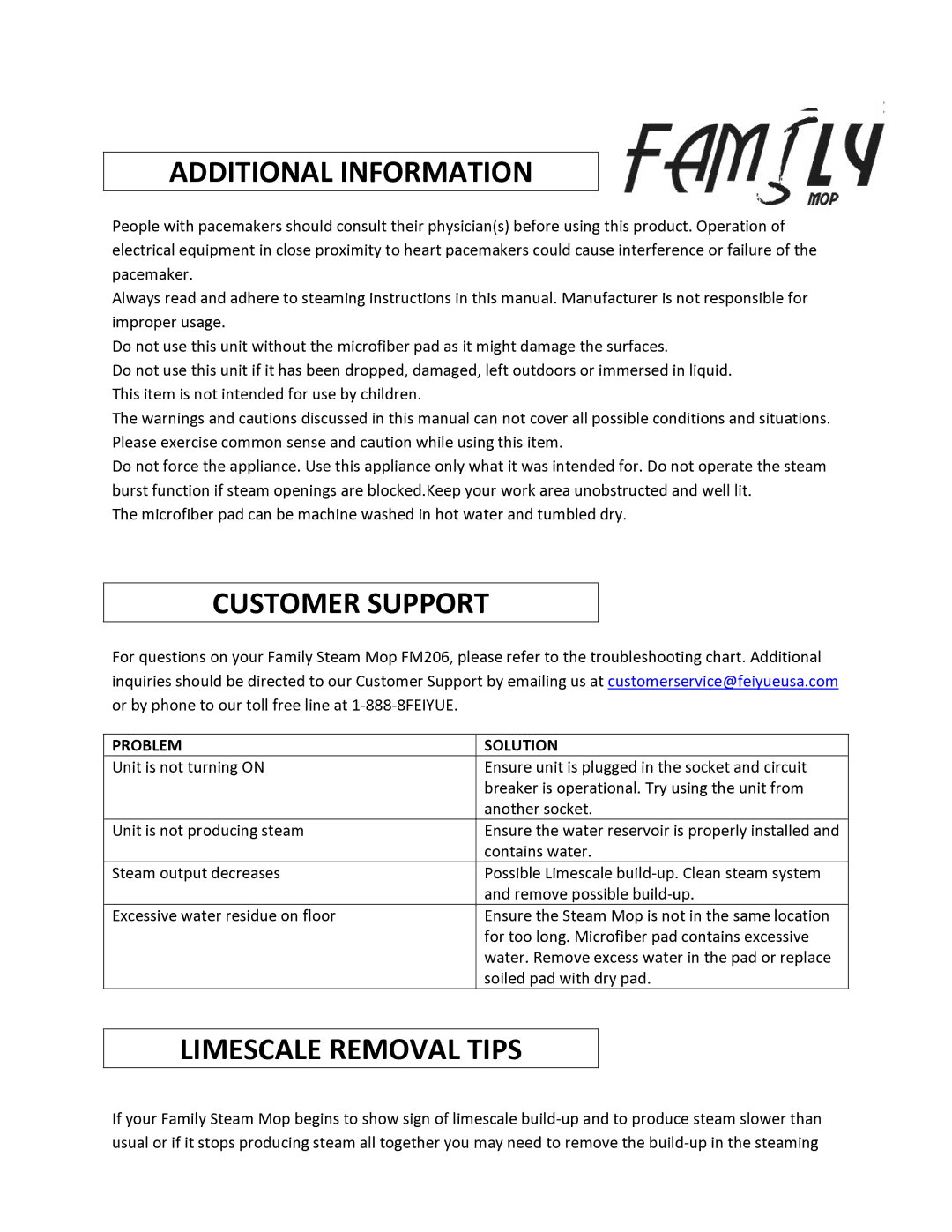 Feiyue FM206 manual Additional Information, Customer Support, Limescale Removal Tips 