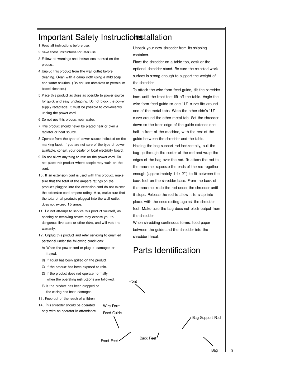 Fellowes 2000, 1000 manual Installation, Parts Identification 