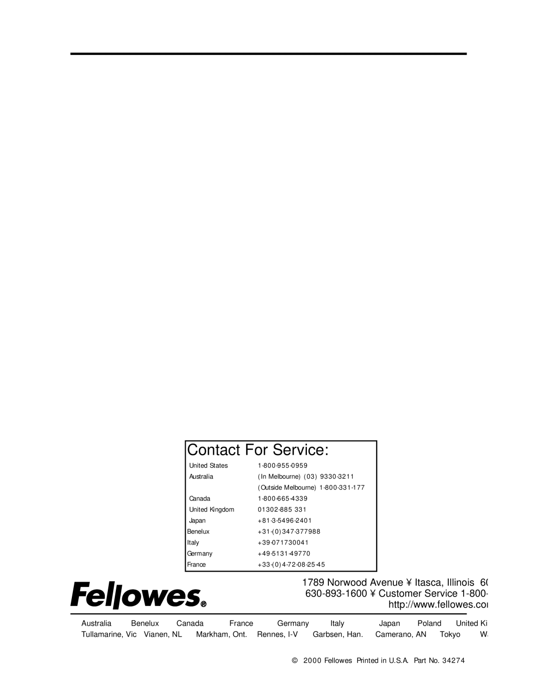 Fellowes 2000, 1000 manual Contact For Service 