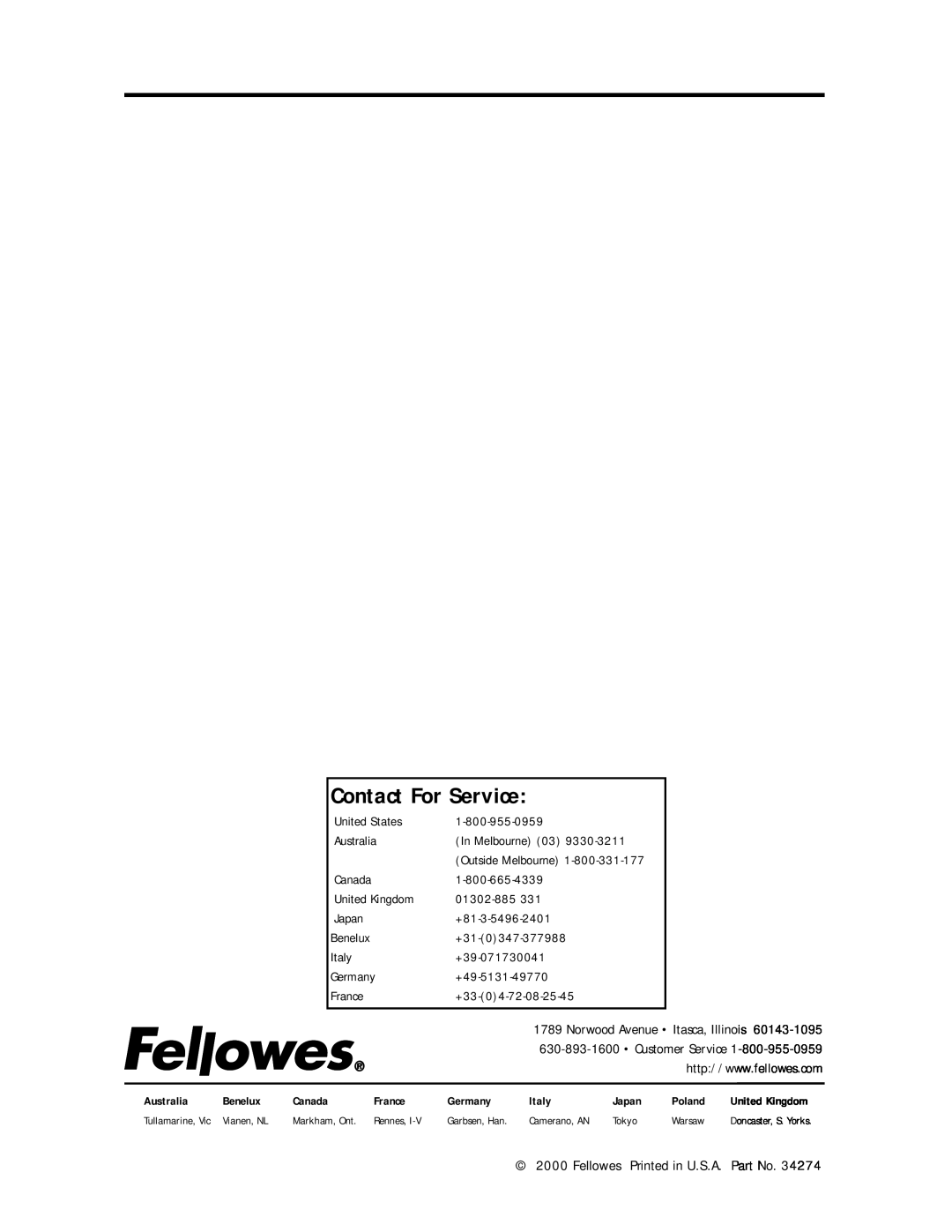 Fellowes 2000, 1000 manual Contact For Service, Fellowes Printed in U.S.A. Part No 