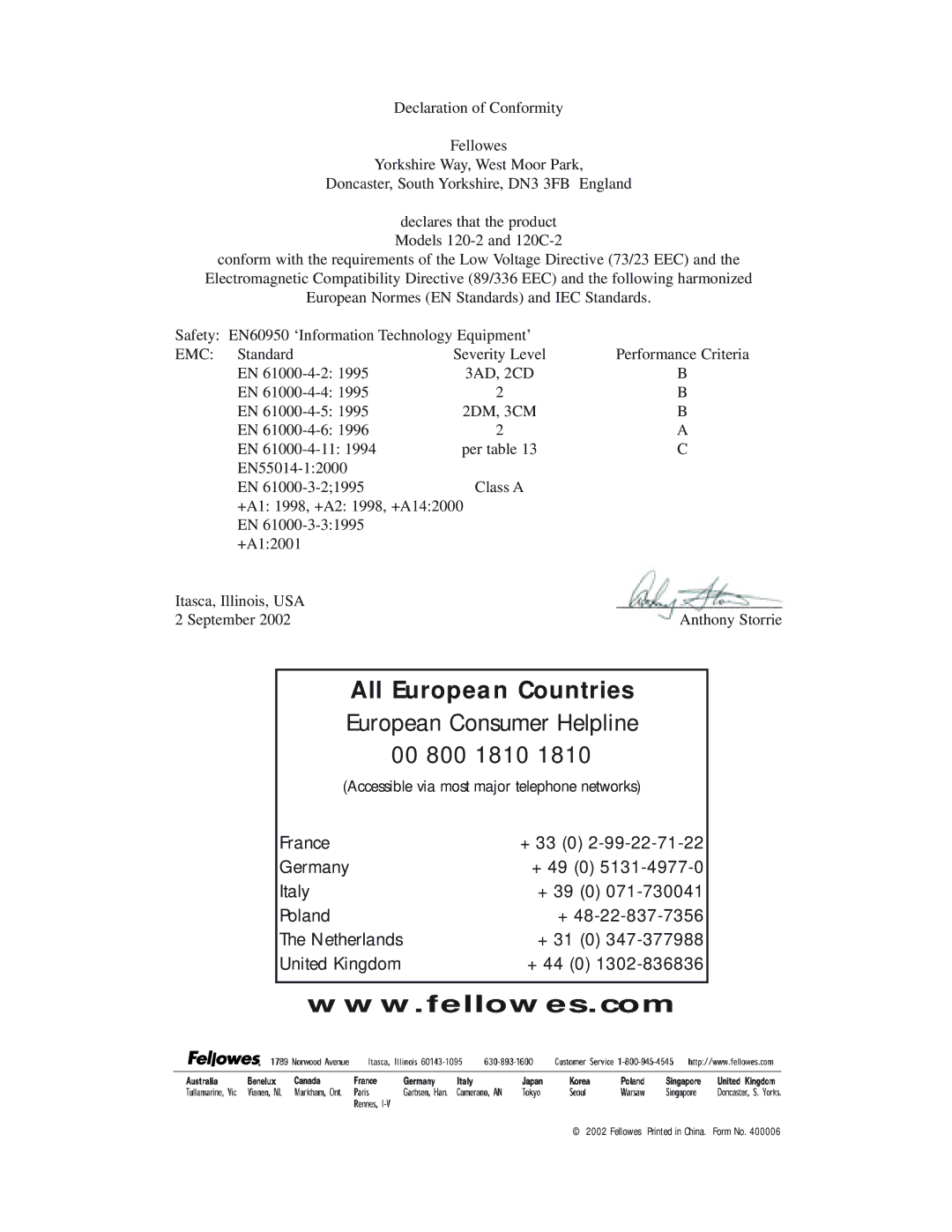 Fellowes 120C-2, 120-2 manual All European Countries 