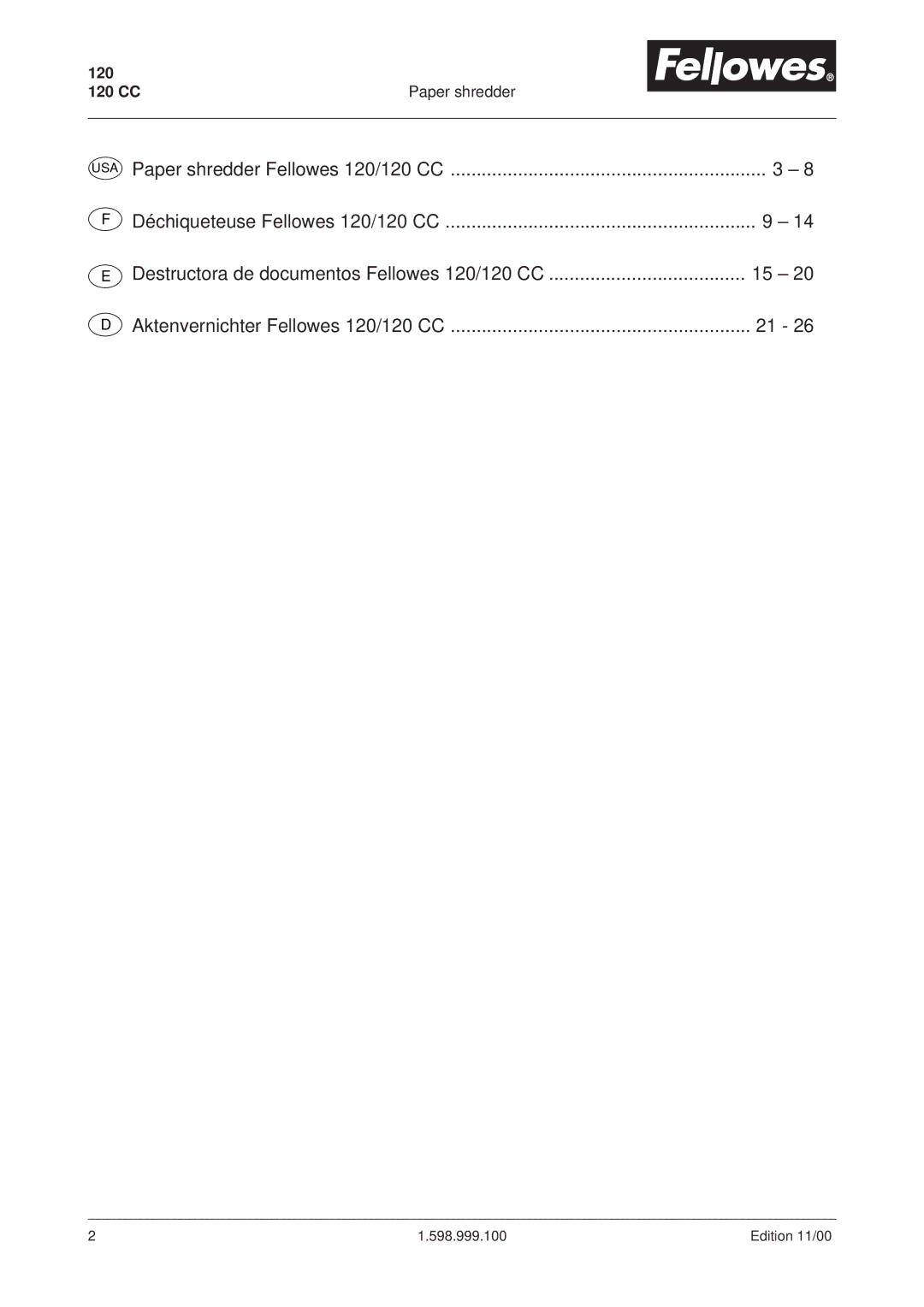 Fellowes 120CC manual 120 120 CC Paper shredder 